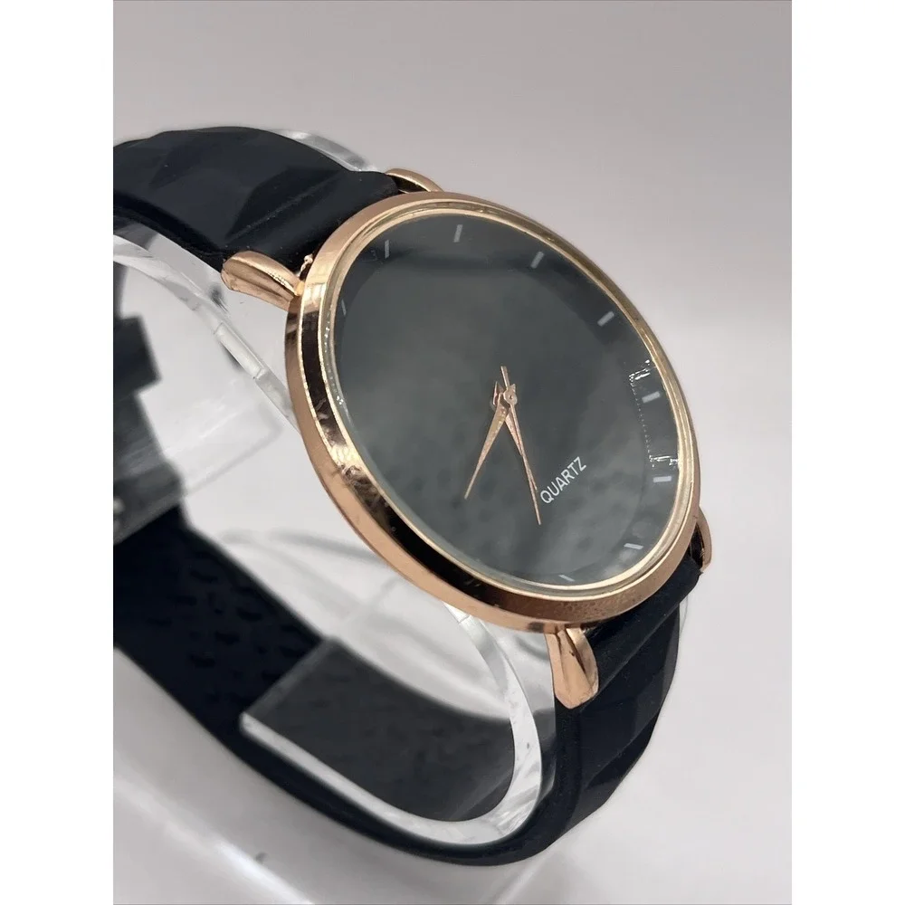 Unisex Quartz Watch Rose Gold‎ 39mm Case Black Silicone Band- New Battery
